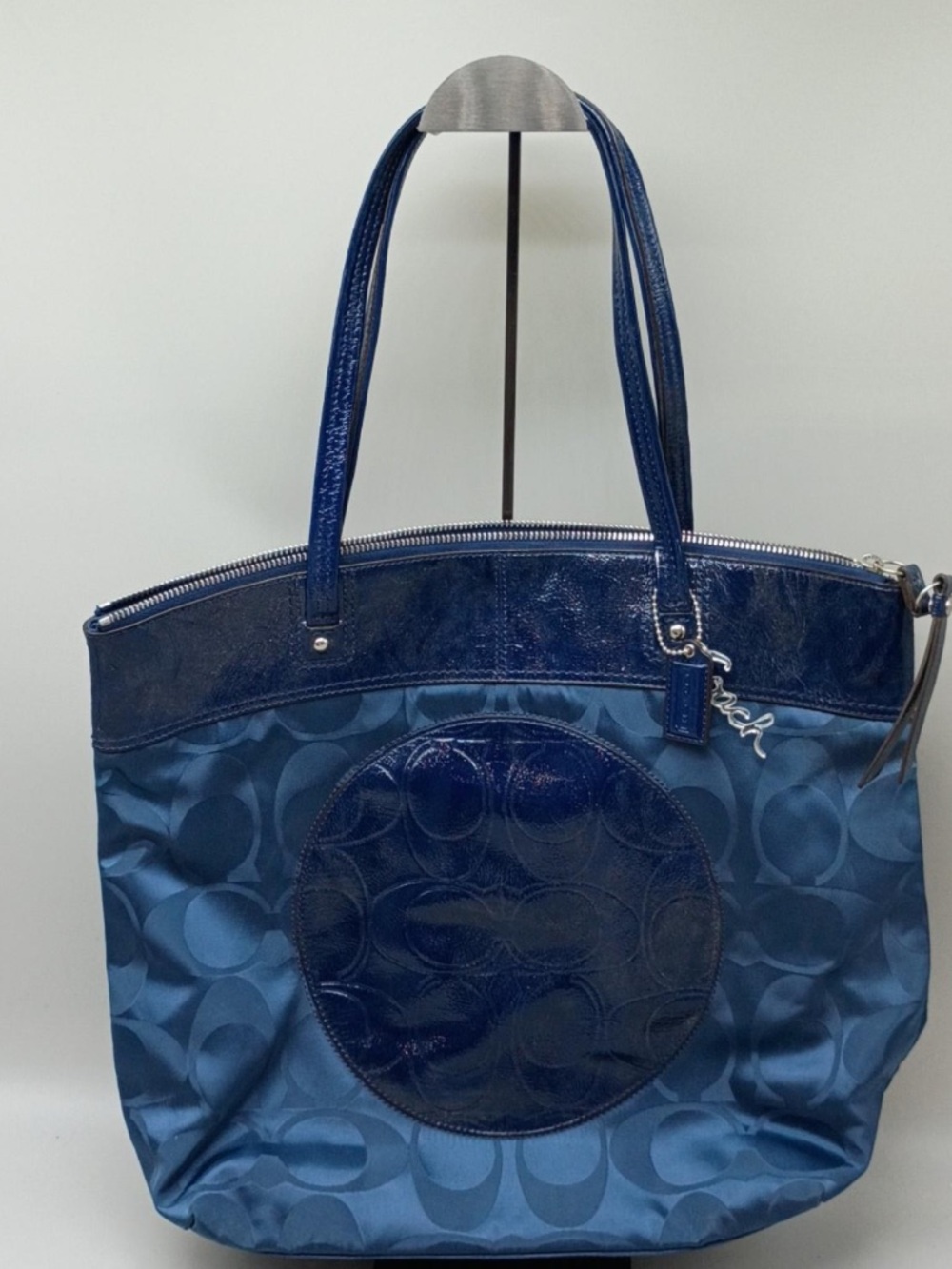 Coach Navy Blue Signature Tote with Gloss Trim